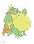  2020 absurd_res anthro belly big_belly canson cape claws clothing crocodilian crown donkey_kong_(series) fangs green_body green_skin hi_res jewelry king_k._rool kremling male navel nintendo overweight plantigrade reptile scalie sharp_teeth solo teeth video_games yellow_body yellow_skin 