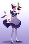  1girl alternate_costume apex_legends apron bangs black_dress black_footwear black_hair black_neckwear black_ribbon blue_eyes breasts closed_mouth commentary_request dress enmaided eyebrows_visible_through_hair finger_on_trigger frilled_apron frills full_body gradient gradient_background gun hair_bun highres holding holding_gun holding_weapon kunai looking_at_viewer machine_gun maid maid_apron maid_dress maid_headdress mary_janes mau. neck_ribbon parted_bangs puffy_short_sleeves puffy_sleeves ribbon shoes short_hair short_sleeves solo submachine_gun thighhighs waist_apron weapon white_apron white_legwear wing_collar wraith_(apex_legends) 