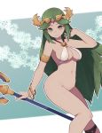  1girl arm_up armlet bangs bare_arms bare_shoulders bikini bikini_top bottomless bracelet breasts bright_pupils circlet closed_mouth feet_out_of_frame green_eyes green_hair highres holding holding_staff jewelry kid_icarus lamb-oic029 long_hair looking_at_viewer medium_breasts navel palutena parted_bangs smile solo staff stomach straight_hair swimsuit very_long_hair white_bikini 