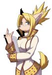  1girl animal_ears blonde_hair dog_ears dog_tail expressionless furry green_eyes holding long_hair long_sleeves merveille_million mole mole_under_eye notepad official_art popped_collar rectangular_eyewear simple_background solatorobo solo tail updo white_background 