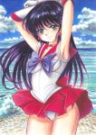  1girl armpits arms_up beach bishoujo_senshi_sailor_moon black_hair blue_eyes bow breasts cameltoe choker cloud cloudy_sky cowboy_shot earrings elbow_gloves gloves highres hino_rei jewelry leotard long_hair looking_at_viewer marker_(medium) mechanical_pencil medium_breasts outdoors pencil pleated_skirt red_choker red_sailor_collar red_skirt sailor_collar sailor_mars sailor_senshi_uniform skirt sky smile solo thighs tomoeri traditional_media white_gloves white_leotard 