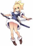  1girl :&lt; bangs blonde_hair blue_dress boots breasts brown_footwear closed_mouth dr._stone dress eyebrows_visible_through_hair full_body fur-trimmed_boots fur-trimmed_dress fur-trimmed_sleeves fur_trim green_eyes hair_between_eyes holding holding_sword holding_weapon karukan_(monjya) katana kohaku_(dr._stone) looking_at_viewer ponytail sheath sheathed short_sleeves sidelocks simple_background small_breasts solo sword v-shaped_eyebrows weapon white_background 