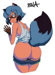  5_fingers absurd_res anthro anus black_body black_fur black_hair black_nose blue_body blue_eyes blue_fur blue_hair brand_new_animal brown_body brown_fur butt canid canine clothed clothing d1975_(artist) female fingers fluffy fluffy_tail fur genitals hair hi_res looking_at_viewer looking_back mammal michiru_kagemori multicolored_body multicolored_fur multicolored_hair open_mouth portrait pussy raccoon_dog shirt simple_background studio_trigger tank_top tanuki three-quarter_portrait topwear white_background 