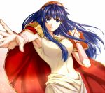  1girl bangs blue_eyes blue_hair breasts cloak collarbone covered_navel delsaber dress fire_emblem fire_emblem:_the_binding_blade floating_hair hair_between_eyes holding lilina_(fire_emblem) long_hair medium_breasts older outstretched_arm outstretched_hand parted_lips red_cloak shiny shiny_hair simple_background sleeveless sleeveless_dress solo very_long_hair white_background white_dress 