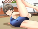  1girl blue_swimsuit blurry brown_eyes brown_hair chair competition_swimsuit contortion covered_navel depth_of_field flat_chest flexible highres leg_up lying on_side one-piece_swimsuit original short_hair solo spread_legs swimsuit takafumi 