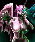 2019 abs absurd_res anthro anthrofied arthropod black_body breasts changeling female friendship_is_magic green_hair hair hasbro hi_res horn murskme my_little_pony nails navel nipples open_mouth pink_body pink_hair queen_chrysalis_(mlp) reaching_towards_viewer shape_shifter sharp_nails sharp_teeth signature simple_background snarling solo striped_hair teeth transformation wings 