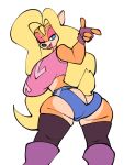  activision anthro bandicoot big_breasts big_butt bigdad bottomwear breasts butt butt_pose clothing crash_bandicoot_(series) female finger_gun fingerless_gloves gesture gloves handwear hotpants huge_breasts legwear looking_at_viewer looking_back mammal marsupial one_eye_closed pose shorts simple_background smile solo stockings tawna_bandicoot video_games wink 
