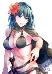  1girl :d bangs bare_shoulders bikini black_bikini black_capelet blue_eyes blue_hair breasts byleth_(fire_emblem) byleth_(fire_emblem)_(female) capelet cleavage collarbone commentary_request cowboy_shot dagger eyebrows_visible_through_hair fire_emblem fire_emblem:_three_houses fire_emblem_heroes flower groin hair_between_eyes hair_flower hair_ornament highres large_breasts long_hair looking_at_viewer midriff navel open_mouth ribbon sheath sheathed sidelocks simple_background smile solo standing swimsuit weapon white_background wrist_ribbon yukimiyuki 