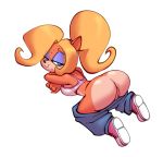  activision all_fours anthro anus bandicoot bedroom_eyes bigdad bodily_fluids butt clothed clothing coco_bandicoot crash_bandicoot_(series) female genitals hair looking_back mammal marsupial narrowed_eyes pants_down partially_clothed ponytail presenting pussy seductive simple_background smile solo sweat video_games 