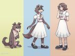  anthro beastars blue_eyes brown_body brown_fur canid canine canis clothed clothing comparison female feral fur human juno_(beastars) mammal solo wolf wowzadawg 