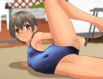  1girl blue_swimsuit blurry brown_eyes brown_hair chair commentary_request competition_swimsuit contortion covered_navel depth_of_field flat_chest flexible highres leg_up lying on_side one-piece_swimsuit original short_hair solo spread_legs swimsuit takafumi tan tanline 