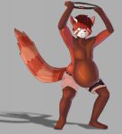  ailurid anthro belt bottomwear clothing crouching exercise_equipment hi_res male male_pregnancy mammal nintendo plantigrade pregnant red_panda ring_fit_adventure shorts solo sweetershark video_games 