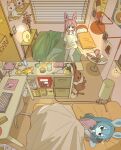  2girls bare_legs bed blue_hair book bow breasts candle character_request cleavage coffee_mug computer_keyboard computer_mouse cup desk diglett dildo eevee furry furry_female glaceon highres indoors jewelry key lamp long_hair mike_no_hito mug multiple_girls necklace pencil_case personification pillow pink_shirt poke_ball pokemon poster_(object) power_strip sex_toy shirt sitting stuffed_animal stuffed_toy sylveon unworn_jewelry unworn_necklace vase white_bow yellow_shirt 