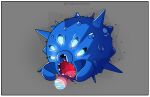 5_eyes adventure_time alien black_nose black_sclera blue_body blue_eyes border canid canine canis cartoon_network cloud continent domestic_dog earth eating glowing glowing_eyes glowing_insides grey_background hi_res jake_the_dog mammal multi_eye object_vore open_mouth planet planet_vore pupils sharp_teeth signature simple_background solo spikes teeth thesummerwitch tongue vore white_pupils