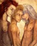  3boys axel blond_hair blonde_hair demyx kingdom_hearts lowres male male_focus multiple_boys red_hair riku silver_hair topless yaoi 