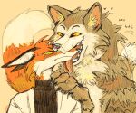 2025 ambiguous/ambiguous ambiguous_gender anthro black_claws black_ears black_nose bodily_fluids brown_background canid canine canis claws clothed clothing dipstick_tail duo ears_back excited face_lick fangs fox fur green_eyes grey_body grey_fur heart_symbol hi_res koepek licking looking_at_viewer male_(lore) mammal markings multicolored_body multicolored_fur narrowed_eyes open_mouth orange_body orange_fur orange_tail paws pivoted_ears pointy_ears saliva simple_background smile snout snout_lick sweat sweatdrop sweater tail tail_markings tail_motion tailwag teeth text tongue tongue_out topwear tuft turtleneck two_tone_body two_tone_fur white_body white_fur white_tail_tip wolf yellow_sclera