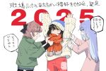  2025 3girls adjusting_another&#039;s_clothes anaguma_keigo arms_up black_hair blonde_hair blue_hair cometik_(idolmaster) commentary_request highres idolmaster idolmaster_shiny_colors ikaruga_luca ikuta_haruki jitome looking_at_another multicolored_hair multiple_girls pink_hair red_scarf ribbed_sweater scarf simple_background speech_bubble streaked_hair striped_clothes striped_scarf suzuki_hana sweater translation_request two-tone_hair white_background white_sweater 