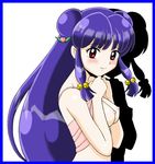  artist_request blue_border blue_hair blush border breasts double_bun hair_bobbles hair_ornament long_hair medium_breasts nipples no_bra ranma_1/2 red_eyes shadow shampoo_(ranma_1/2) shirt_lift smile solo topless 