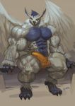  anthro avian bird bulge clothing erection erection_under_clothes feathered_wings feathers goroguro hyper hyper_muscles looking_at_viewer male muscular muscular_male owl solo underwear vein wings 
