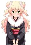  1girl absurdres alternate_costume black_kimono blonde_hair closed_mouth double_bun flower fur-trimmed_kimono fur_trim gradient_hair green_eyes hair_bun hair_flower hair_ornament highres hololive japanese_clothes kimono kishishi_(kishiman-ya) looking_at_viewer momosuzu_nene multicolored_hair obi pink_hair red_sash sash smile solo two_side_up virtual_youtuber white_background 
