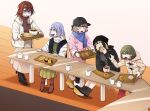  5girls aketa_mikoto anaguma_keigo averting_eyes bag black_hair black_jacket blonde_hair blue_hair brown_coat brown_hair coat cometik_(idolmaster) commentary_request cup donut duffel_bag eating food food_theft fried_rice gradient_hair green_hair highres holding holding_tray idolmaster idolmaster_shiny_colors ikaruga_luca ikuta_haruki jacket jitome letterman_jacket looking_at_another mug multicolored_hair multiple_girls nanakusa_nichika pink_coat pink_hair sitting smile streaked_hair suzuki_hana tray two-tone_hair white_jacket wooden_floor 