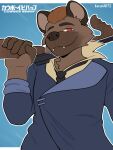 anthro black brown_body brown_fur brown_hair clothing cosplay cowboy_bebop fur gun hair hi_res hyena kacaii male male/male mammal necktie nicky_graves ranged_weapon red_eyes solo spike_spiegel spotted_hyena submachine_gun suit thompson_gun weapon