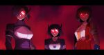  3girls black_hair decepticon genderswap genderswap_(mtf) glasses glowing glowing_eyes harashu_(harashu96) highres kotobukiya_bishoujo multiple_girls red_eyes red_visor shockwave_(transformers) soundwave_(transformers) starscream starscream_(kotobukiya_bishoujo) tan transformers transformers_one 