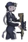  1girl action_camera assault_rifle blue_eyes blue_hat blue_pants blue_shirt bulletproof_vest cargo_pants closed_mouth combat_helmet cropped_legs desert_tech_mdr foregrip girls'_frontline griffin_&amp;_kryuger_logo gun hat helmet heterochromia highres holding holding_gun holding_weapon light_blush long_braid long_sleeves mdr_(girls'_frontline) military_combat_uniform multicolored_hair pants pink_eyes rifle scope shirt simple_background solo streaked_hair tactical_clothes video_camera weapon white_background white_hair yakupan 