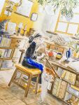  1girl apron bandana basket black_bandana black_dress black_hat blonde_hair blue_apron blue_collar blue_ribbon book boots briefcase broom cabinet candle candlestand cat ceiling_light collar commentary counter cup day drawer dress hanging_plant hat hat_box hat_ribbon highres holding holding_broom holding_string hourglass indoors lamp long_hair loose_hair_strand mug open_book orange_footwear original parquet_floor plant ponytail potted_plant profile ribbon scissors sleeping_animal slippers solo straw_(stalk) string sunlight tronc unworn_boots unworn_hat unworn_headwear vase white_cat window witch_hat yarn yarn_ball 
