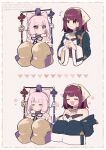  2girls aihira_(aihira12) atelier_(series) atelier_sophie bare_shoulders brown_eyes chinese_knot closed_eyes collared_coat cone_hair_bun corneria_(atelier) corset dalachi_(headdress) dress hair_bun headscarf highres jewelry multiple_girls necklace open_mouth pink_hair red_hair ribbon-trimmed_dress ribbon_trim sleeves_past_fingers sleeves_past_wrists sophie_neuenmuller 