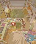  2girls bed blue_hair blush book bow candle cellphone character_request closed_mouth coffee_mug computer_keyboard computer_mouse cup desk diglett eevee furry furry_with_furry glaceon highres indoors lamp long_hair mike_no_hito mug multiple_girls night pencil_case personification phone pillow pink_hair pink_shirt poke_ball pokemon poster_(object) power_strip shirt smartphone smile stuffed_animal stuffed_toy sweatdrop sylveon vase white_bow yellow_shirt yuri 