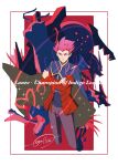  1boy absurdres aerodactyl alolan_exeggutor border cccacademia character_name charizard closed_mouth commentary_request crossed_arms dragonite gyarados highres jacket lance_(pokemon) long_sleeves looking_at_viewer male_focus mega_charizard_x pants pink_hair pokemon pokemon_(creature) pokemon_lgpe red_background red_jacket regidrago short_hair signature sparkle white_border 