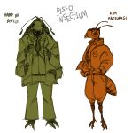  2_fingers 6_arms ant antennae_(anatomy) anthro arthropod arthropod_abdomen beetle biped bottomwear cargo_pants clothing disco_elysium duo eyewear fingers glasses harrier_du_bois hi_res hymenopteran insect jacket kim_kitsuragi male mandibles multi_arm multi_limb necktie pants round_glasses sheerricetorrent suit_jacket topwear 