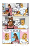 absurd_res anthro appliance apron barazoku biceps big_pecs biped bottomwear canid canine canis claws clothing comic cooking cougar denim denim_bottomwear denim_clothing detailed_background dialogue dobermann domestic_dog duo ear_piercing ear_ring english_text eyewear felid feline fur furry_ears glasses grabbing_chair hair head_tuft hi_res jeans kitchen kitchen_appliance kitchen_cabinet kitchen_counter kitchen_stove kitchen_table kitchen_utensils knife looking_back male male_anthro mammal markings multicolored_tail muscular muscular_anthro muscular_male neruk pants pecs piercing pink_nose pinscher ring_piercing shirt sitting spiky_hair spots spotted_markings stove sweater t-shirt tail tan_body tan_fur text tools topwear triceps tuft url whisker_markings whisker_spots white_clothing white_shirt white_t-shirt white_topwear yellow_body yellow_fur