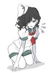  1girl anchor_hat_ornament black_hair commentary_request green_trim grey_eyes hair_over_one_eye hat hat_ornament highres kneeling leaning_forward looking_at_viewer medium_hair messy_hair mitsusame murasa_minamitsu neckerchief pale_skin parted_lips puffy_short_sleeves puffy_sleeves red_neckerchief sailor_hat shadow shirt short_sleeves shorts simple_background smile solo squiggle swept_bangs touhou white_background white_shirt white_shorts 