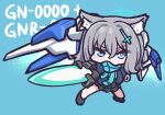  00_raiser 1girl absurdres animal_ear_fluff animal_ears arm_blade black_footwear black_skirt blue_archive blue_background blue_eyes blue_halo blue_jacket blue_scarf bright_pupils chibi chibi_only commentary_request covered_mouth cross cross_hair_ornament exhaust grey_hair gundam gundam_00 hair_between_eyes hair_ornament halo highres inverted_cross jacket legs_apart looking_at_viewer medium_hair mismatched_pupils open_clothes open_jacket panatisia plaid_clothes plaid_skirt scarf school_uniform shiroko_(blue_archive) shoes skirt solo weapon white_pupils wolf_ears 