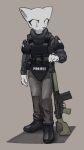 2024 4chan_anon anthro big_eyes black_clothing black_footwear black_shirt black_shoes black_topwear black_vest bottomwear bulletproof_vest claws clothed clothing digital_media_(artwork) domestic_cat eloisa eyelashes felid feline felis female finger_claws fingers fn_fal footwear full-length_portrait fully_clothed fur grey_background grey_bottomwear grey_clothing grey_pants gun hi_res inner_ear_fluff mammal mouth_closed pants pink_nose police police_officer portrait pupils ranged_weapon rifle shaded shadow shirt simple_background slit_pupils soft_shading standing text text_on_clothing text_on_topwear text_on_vest three-quarter_view topwear tuft vest weapon white_body white_fur white_text