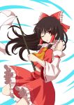  1girl :o abstract_background black_hair cowboy_shot cravat detached_sleeves folded_leg gohei hair_ribbon hair_tubes hakurei_reimu head_tilt highres holding leaning_back long_hair looking_at_viewer midriff navel one_eye_closed petticoat red_eyes red_skirt red_vest ribbon ribbon-trimmed_sleeves ribbon_trim sidelocks skirt solo standing standing_on_one_leg sugiyama_ichirou touhou very_long_hair vest white_background yellow_neckwear 