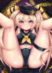  1girl absurdres armpits arms_behind_head arms_up ass azur_lane bache_(azur_lane) bangs bare_shoulders black_headwear black_sailor_collar black_shirt black_shorts blonde_hair blush breasts choker closed_mouth crotch fishnet_legwear fishnets hat highres jacket legs_up long_hair long_sleeves looking_at_viewer micro_shorts midriff navel neckerchief open_clothes open_shorts purple_eyes ryara sailor_collar shirt shorts small_breasts smile spread_legs thighs twintails yellow_jacket yellow_neckwear 