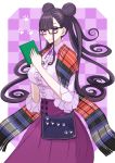  1girl blush book breasts checkered checkered_background closed_mouth double_bun fate/grand_order fate_(series) frills glasses holding holding_book kozara14 large_breasts lavender_shirt long_hair long_sleeves looking_at_viewer murasaki_shikibu_(fate) purple_background purple_eyes purple_hair purple_skirt shawl skirt smile very_long_hair 