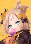  1girl abigail_williams_(fate/grand_order) bandaid bandaid_on_forehead bangs birthday black_bow black_dress blonde_hair blue_eyes bow chewing_gum crossed_bandaids dress eyebrows fate/grand_order fate_(series) hair_bow hair_bun hane_yuki happy_birthday heroic_spirit_traveling_outfit highres long_hair looking_at_viewer multiple_bows object_hug orange_bow parted_bangs polka_dot polka_dot_bow purple_bow solo stuffed_animal stuffed_toy teddy_bear upper_body yellow_background 