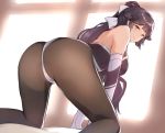  1girl all_fours ass azur_lane back backlighting bangs bare_shoulders bent_over black_hair black_leotard blush bow breasts brown_eyes brown_legwear closed_mouth elbow_gloves gloves hair_bow hair_flaps large_breasts leotard long_hair looking_at_viewer looking_back multicolored_leotard pantyhose ponytail race_queen suzuya_(maru) takao_(azur_lane) takao_(full_throttle_charmer)_(azur_lane) thighs two-tone_leotard white_bow white_gloves white_leotard window 
