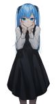  1girl bangs black_dress black_scrunchie blue_eyes blue_hair commentary_request dress eyebrows_visible_through_hair hair_between_eyes hair_ornament hair_scrunchie hands_on_own_face hatsune_miku highres long_hair long_sleeves looking_at_viewer neck_ribbon osanzi ribbon scrunchie shirt simple_background sleeveless sleeveless_dress smile solo twintails very_long_hair vocaloid white_background white_shirt 