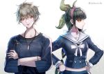  1boy 1girl ahoge amami_rantarou bangs black_hair blonde_hair chabashira_tenko choker collarbone commentary_request danganronpa ear_piercing eyebrows_visible_through_hair green_eyes hair_between_eyes hair_ornament hair_ribbon hairband hands_on_hips jewelry long_hair looking_at_viewer male_focus necklace new_danganronpa_v3 open_mouth parted_lips piercing pink_choker pout ribbon school_uniform shirt short_hair simple_background skirt smile striped striped_shirt twintails white_background white_ribbon z-epto_(chat-noir86) 