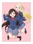  2girls :d black_legwear blazer blonde_hair blue_jacket blush bow brown_footwear brown_hair collared_shirt commentary_request eyebrows_visible_through_hair flower full_body green_eyes grey_skirt hair_flower hair_ornament hairclip highres hitori_bocchi hitoribocchi_no_marumaru_seikatsu holding_hands jacket jumping kousin long_hair looking_at_viewer multiple_girls open_mouth pleated_skirt red_bow red_eyes school_uniform shirt shoes skirt smile socks sotoka_rakita very_long_hair white_legwear white_shirt 