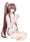  1girl brown_hair cherry_blossoms commentary_request cropped_legs cup feet_out_of_frame flower hair_flower hair_ornament hair_scrunchie invisible_chair kantai_collection long_hair mug nuko_(phylactery) pajamas parted_lips ponytail red_eyes scrunchie shorts simple_background sitting solo white_background white_scrunchie white_shorts yamato_(kantai_collection) 