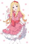  1girl :d bangs blonde_hair blush bow commentary_request dress eromanga_sensei eyebrows_visible_through_hair feet_out_of_frame frilled_dress frills grey_background hair_bow hairband hand_up highres knees_together_feet_apart long_hair long_sleeves looking_at_viewer open_mouth parted_bangs pink_dress pointy_ears red_bow red_eyes red_hairband ringlets short_over_long_sleeves short_sleeves simple_background skirt_hold sleeves_past_wrists smile solo tantan_men_(dragon) thighhighs very_long_hair white_bow white_legwear yamada_elf 