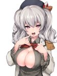  1girl @_@ beret blush breasts commentary_request epaulettes finger_to_mouth grey_shirt hat highres kantai_collection kashima_(kantai_collection) large_breasts long_hair long_sleeves looking_at_viewer military military_jacket military_uniform neckerchief open_clothes open_mouth open_shirt purple_eyes red_neckwear shirt sidelocks siesta_(artist) silver_hair simple_background smile solo twintails uniform upper_body wavy_hair white_background 