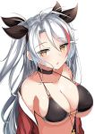 1girl absurdres azur_lane bangs bare_shoulders bikini bikini_top black_bikini black_choker black_ribbon blush breasts brown_eyes choker cleavage collarbone eyebrows_visible_through_hair hair_between_eyes hair_ribbon highres jacket large_breasts looking_at_viewer moyoron multicolored_hair off_shoulder open_clothes open_jacket parted_bangs parted_lips prinz_eugen_(azur_lane) prinz_eugen_(unfading_smile)_(azur_lane) red_hair red_jacket ribbon silver_hair simple_background solo streaked_hair swimsuit two_side_up upper_body white_background 