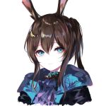  1girl amiya_(arknights) animal_ears arknights artist_name bangs black_jacket blue_eyes brown_hair bunny_ears commentary_request expressionless eyebrows_visible_through_hair face green_eyes hair_between_eyes highres jacket long_hair looking_at_viewer sheya simple_background sketch solo white_background 